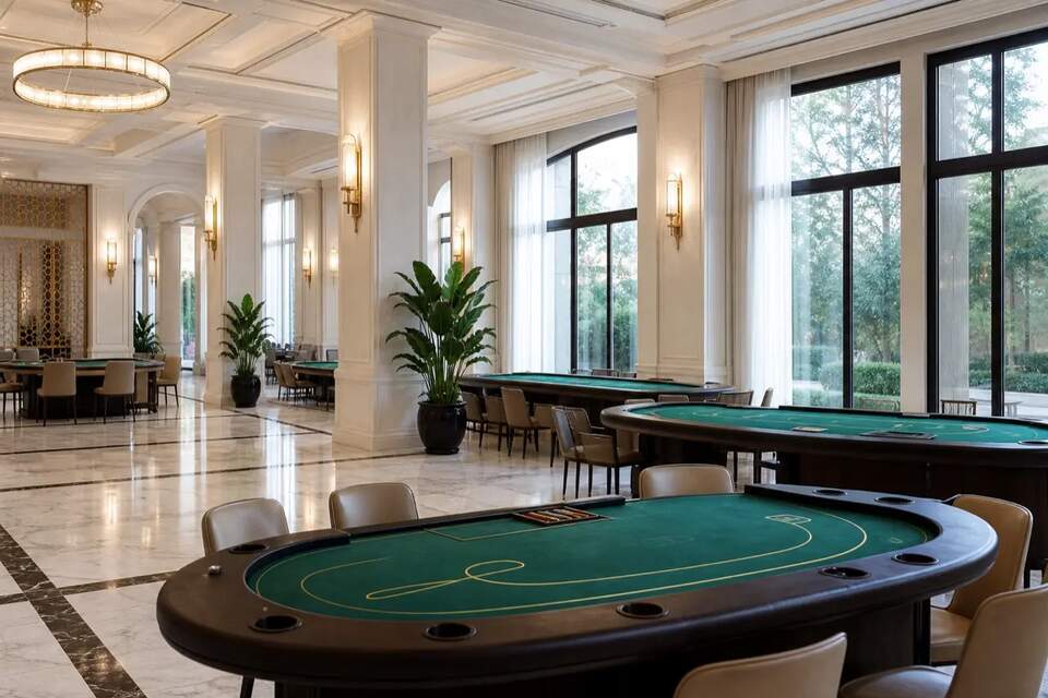 Empty table games salon with green felt tables and tall windows